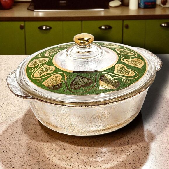 Vintage Fire-King 2 Qt Casserole w/ Culver Ltd 22K Gold & Green Lid Chip - Picture 1 of 11